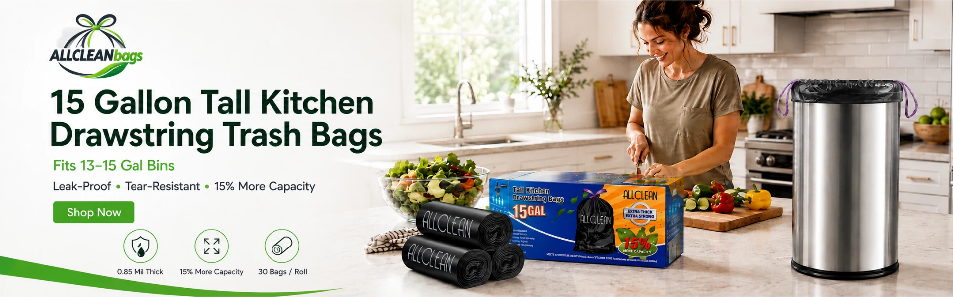 Trash Bags 15 Gallon Tall Kitchen Drawstring Garbage Bag Fit 13-15 Gal Bins
